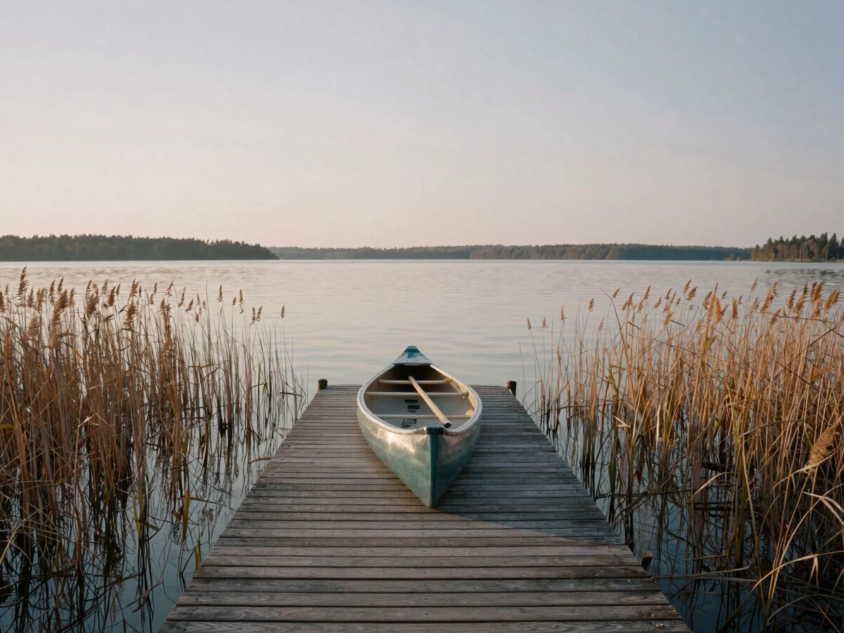 Calm lake at dawn, flat reed belt on the shore, a single canoe pu