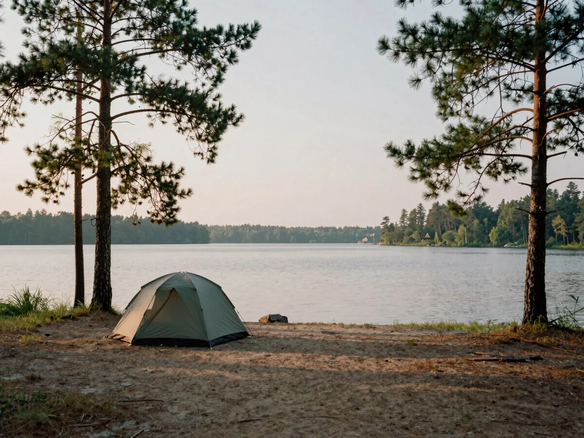 Small lakeside campsite at soft morning light, a simple tent unde