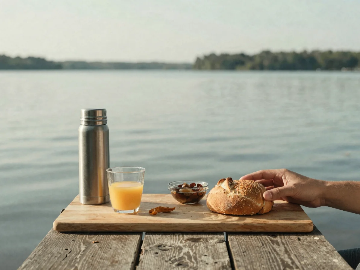 Quiet kitchen-style breakfast on a wooden board by the lake, a th