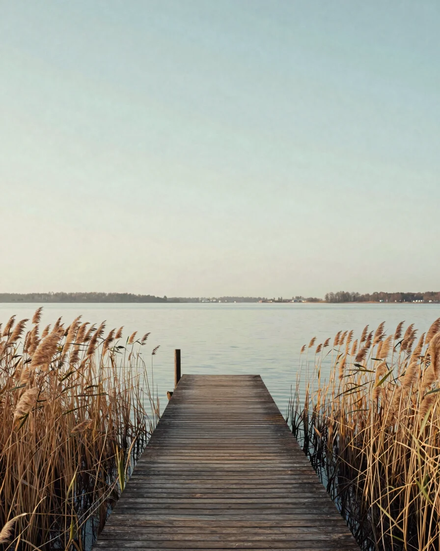 Wide quiet view across a Mecklenburg lake with a wooden jetty and