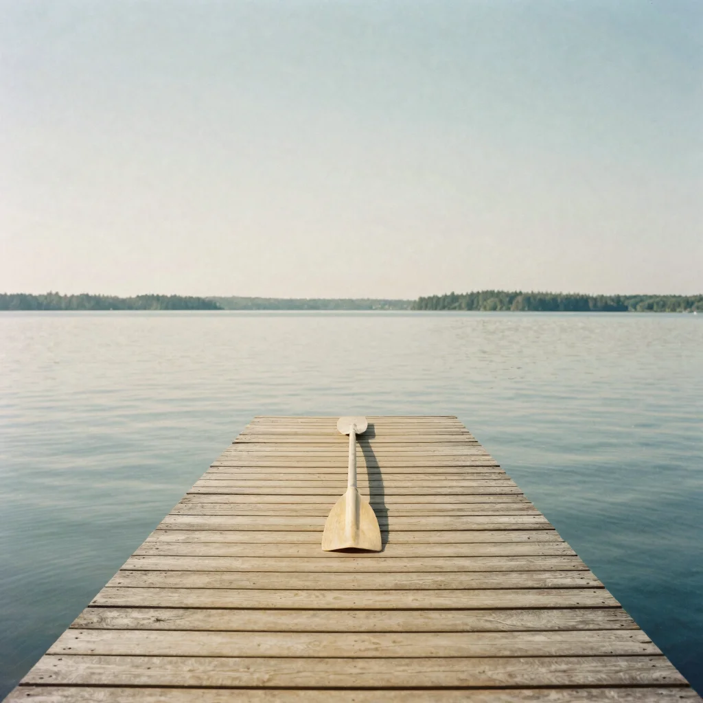 Wooden jetty with a canoe paddle resting on the boards, soft nort