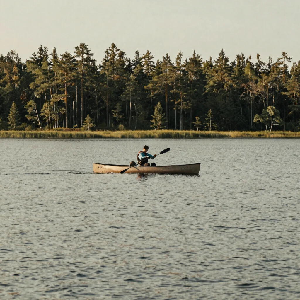 Single canoe gliding over still water near pine forest, distant s