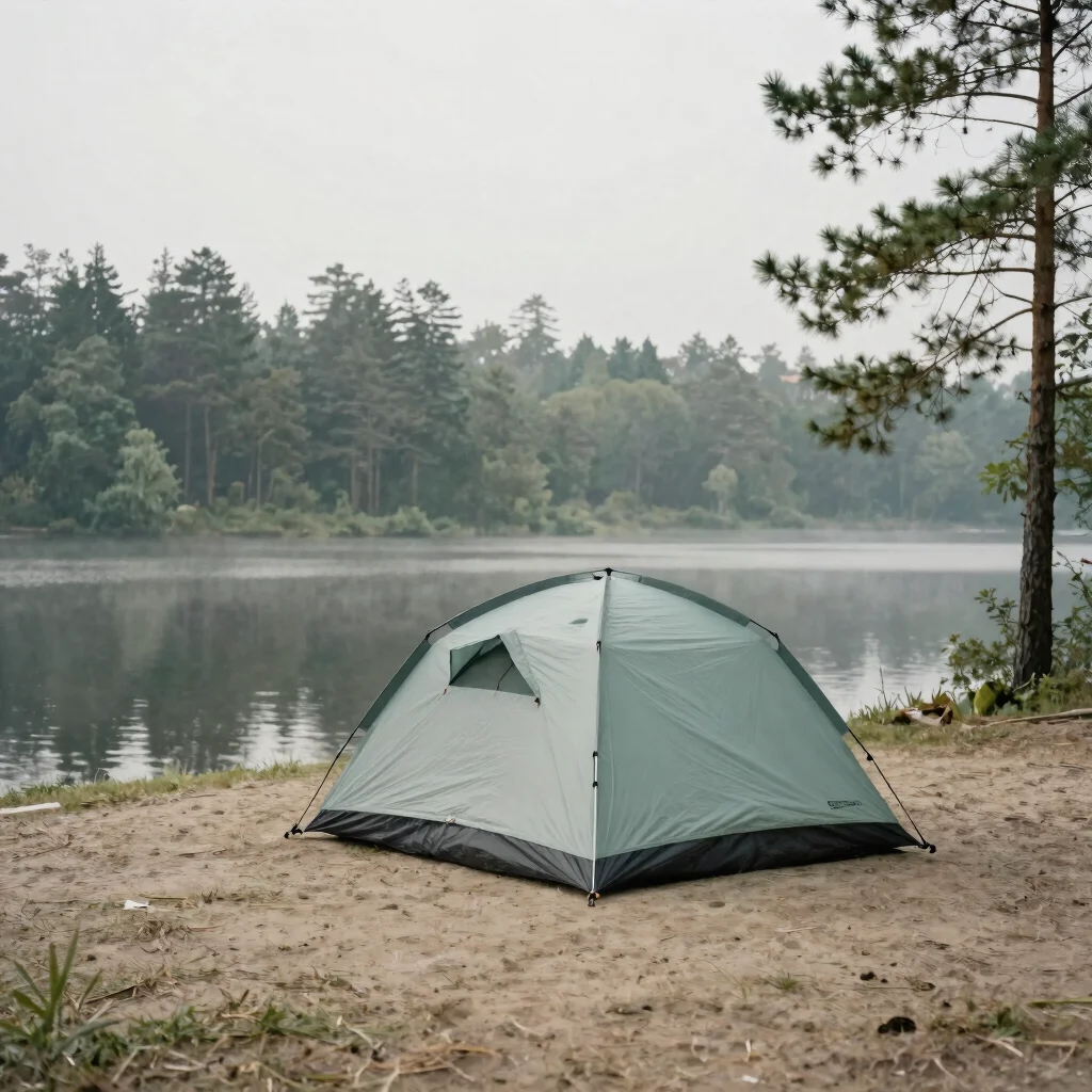 Small campsite tent by a lake, pine trees and soft mist, no peopl
