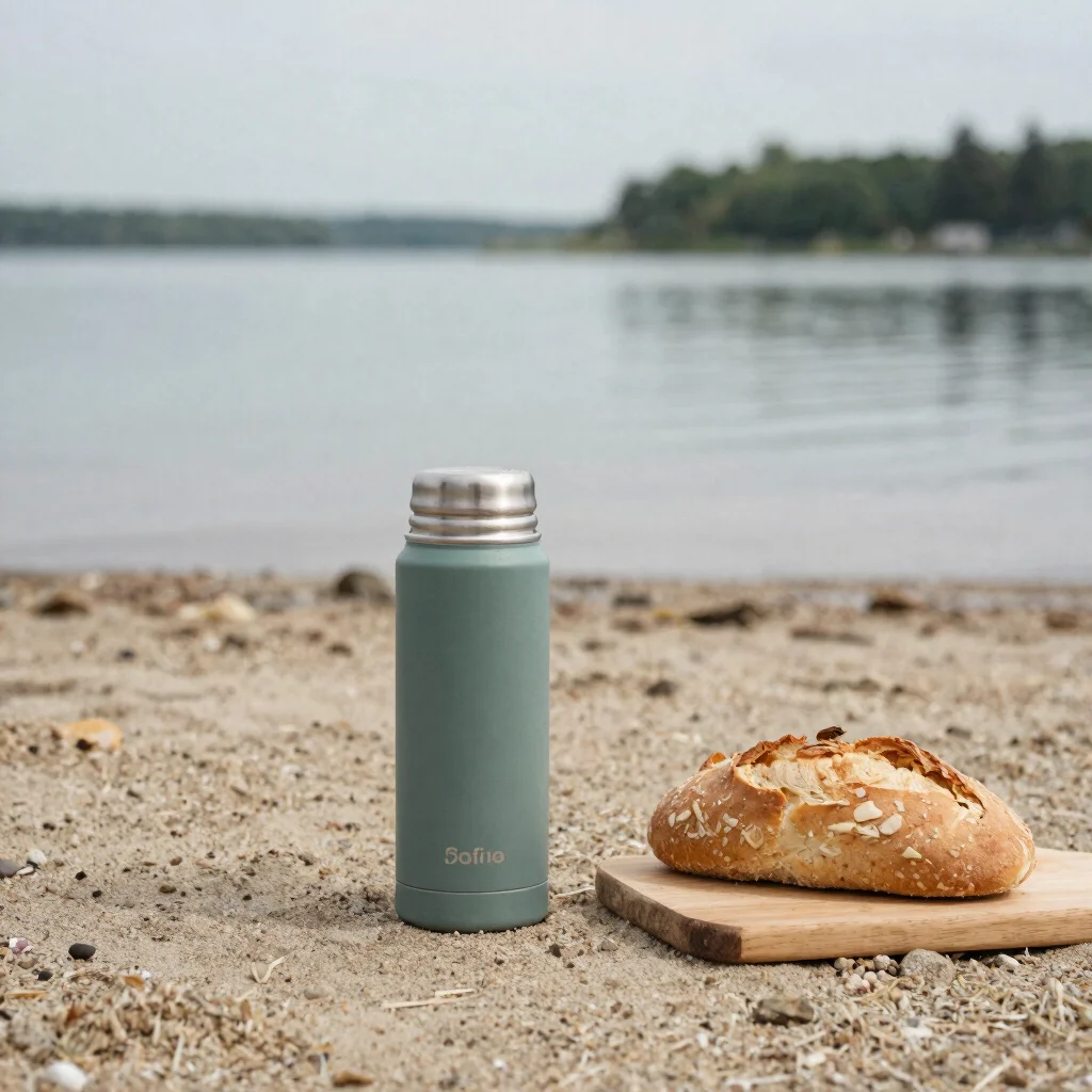 Close detail of a thermos and bread on a wooden board at the shor