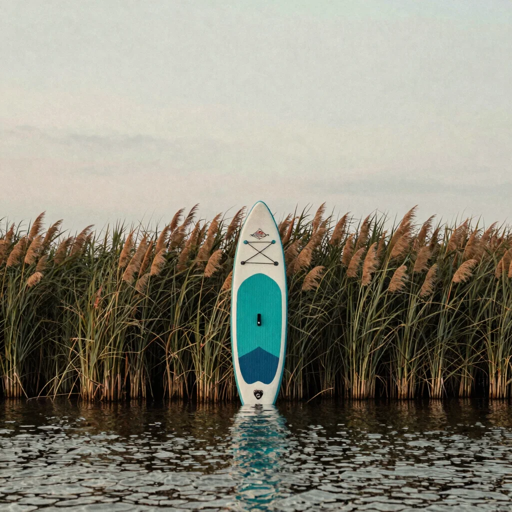 Stand-up paddle board leaning against a reed bank at dusk, no peo