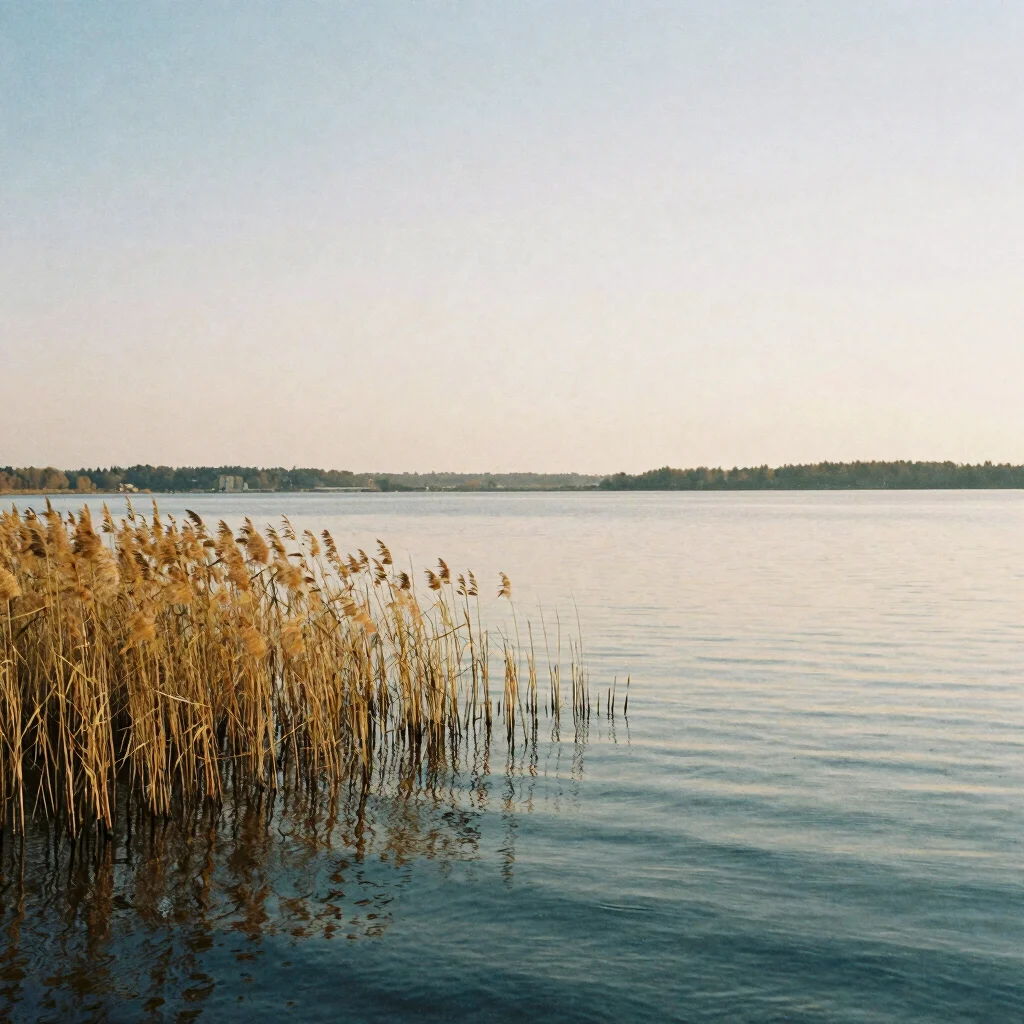Calm lake with reed belt at soft morning light, flat shoreline, n